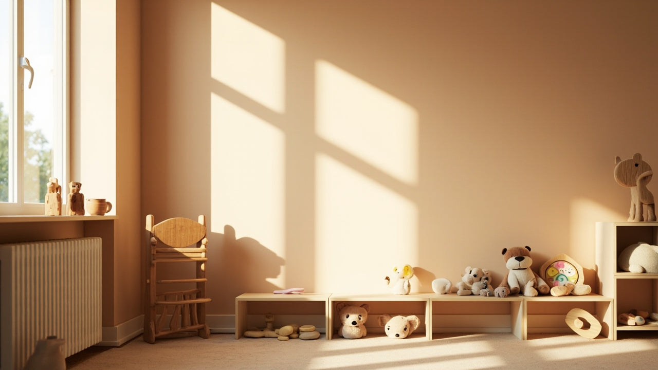 helles kinderzimmer mit holzspielzeug, bio-plüschtieren und montessori-spielen auf naturfarbenem teppich