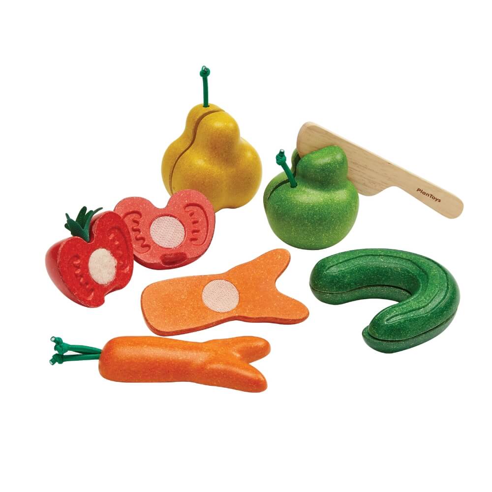 PlanToys Krummes Obst & Gemüse Schneideset (6 Teile) - Heldenspielzeug