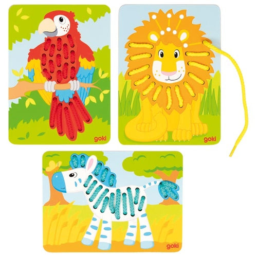 Goki Fädelspiel Papagei, Löwe, Zebra (3 Stück) - Heldenspielzeug