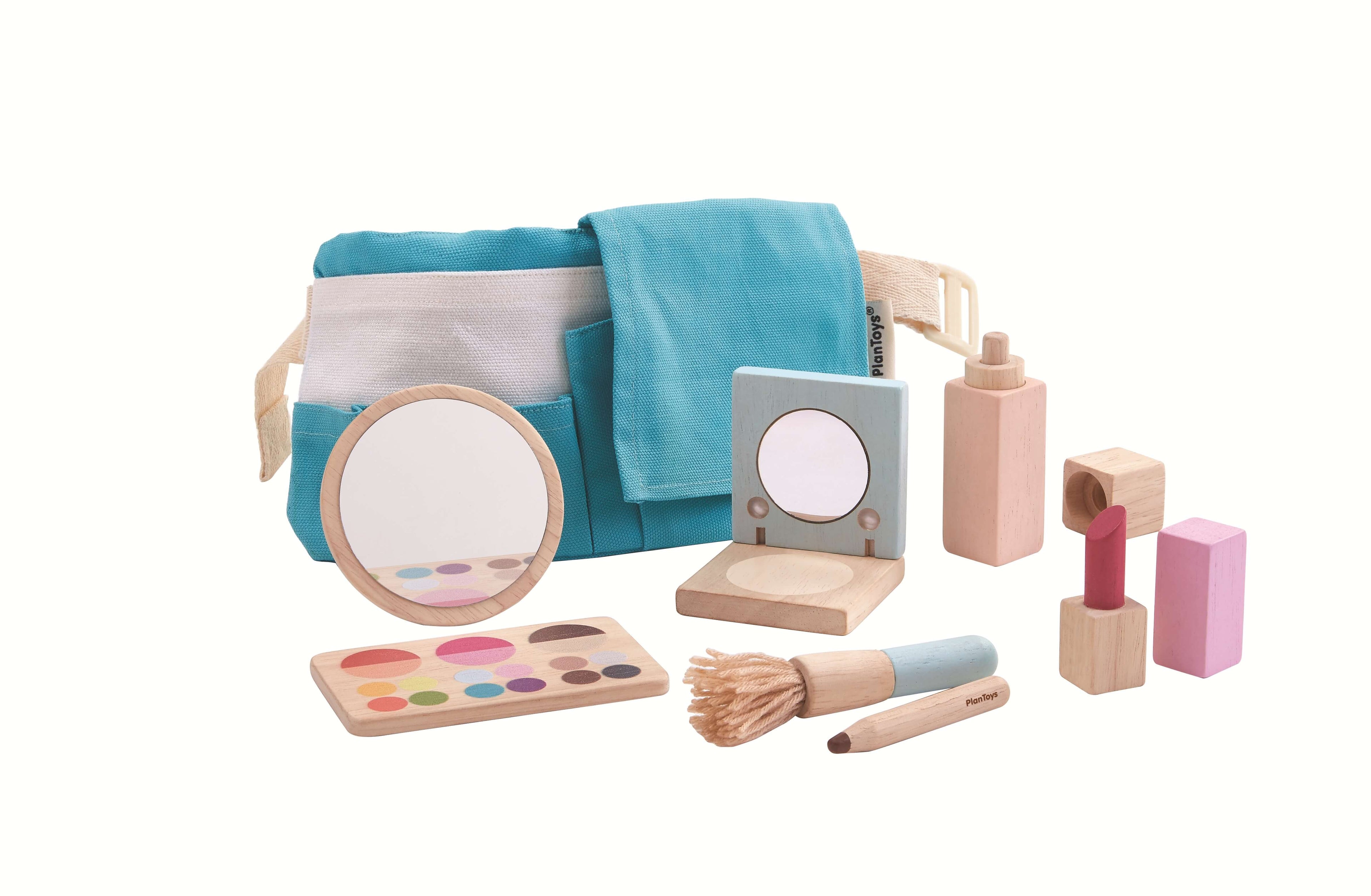 PlanToys Kinder Schminktasche aus Holz Makeup Spielset (8 Teile) - Heldenspielzeug