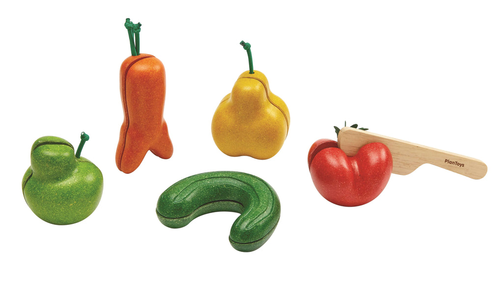 PlanToys Krummes Obst & Gemüse Schneideset (6 Teile) - Heldenspielzeug