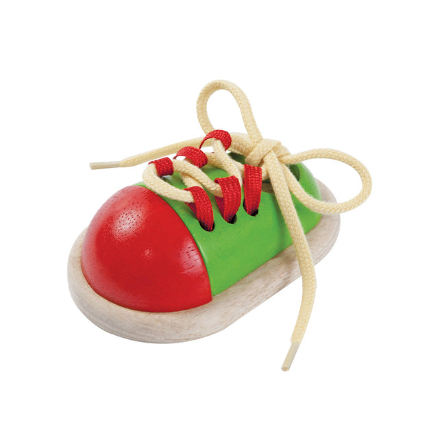 PlanToys Lernschuh aus Holz Schuhe binden Lernen