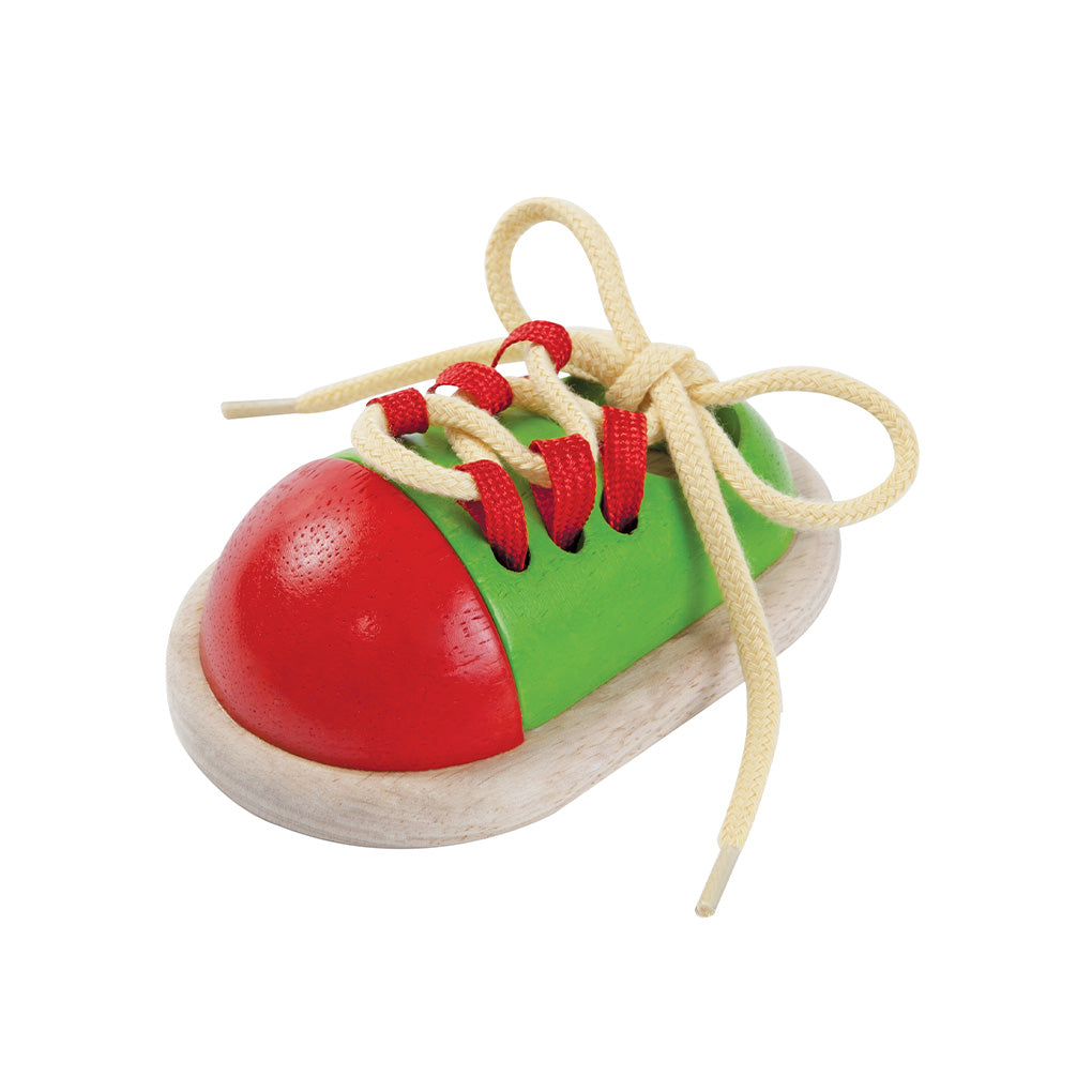 PlanToys Lernschuh aus Holz Schuhe binden Lernen - Heldenspielzeug