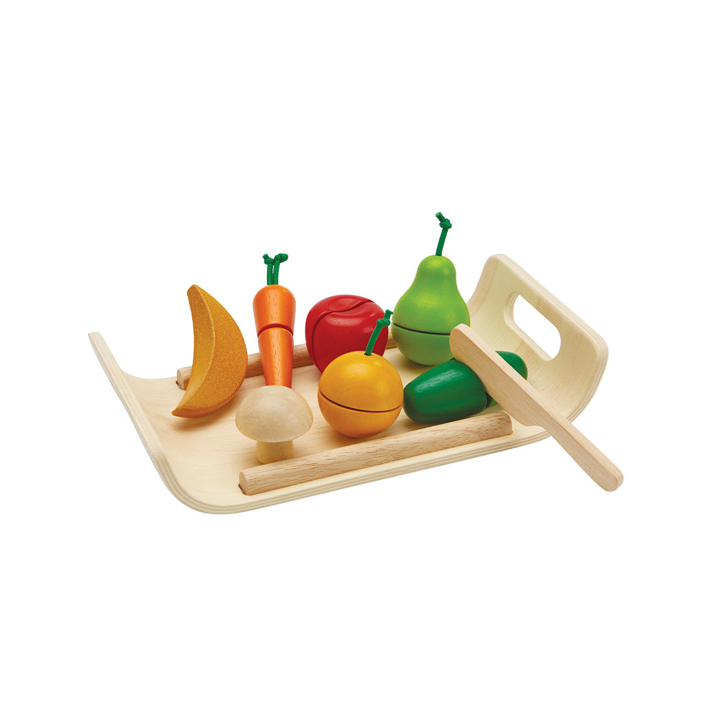 PlanToys Holz Lernfrüchte Gemüse & Obst inkl. Tablett - Heldenspielzeug