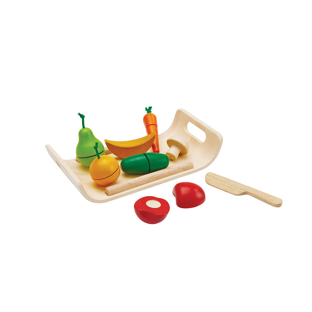 PlanToys Holz Lernfrüchte Gemüse & Obst inkl. Tablett - Heldenspielzeug
